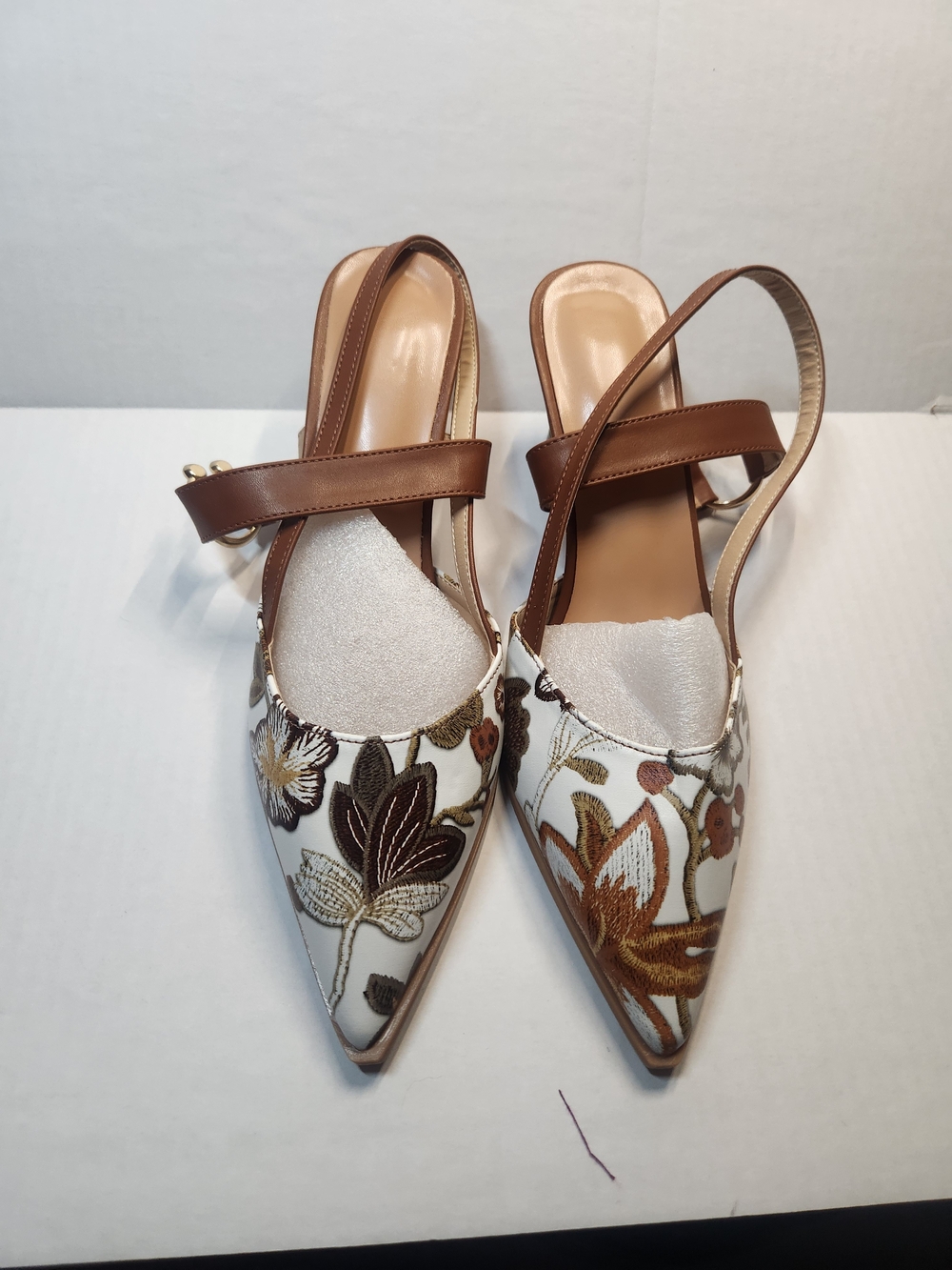 Brown Floral Faux Embroidered Pointed Slingback Heels - Women